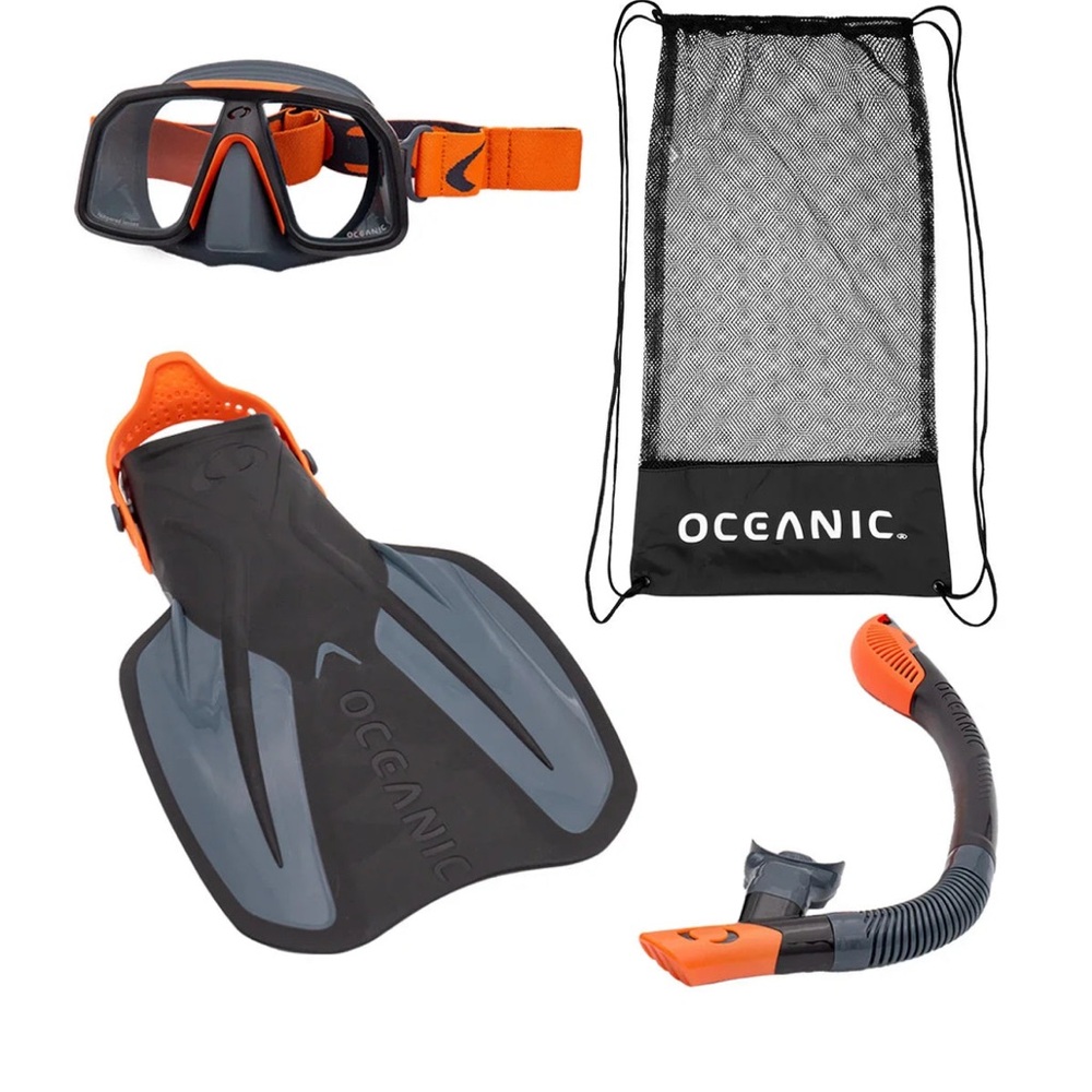 Oceanic Snorkeling Set with Orange and Black Accents, includes carrying bag